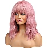 BERON 14 Inches Pink Wig for Women Girls Short Curly Synthetic Wig with Bangs Lovely Pink