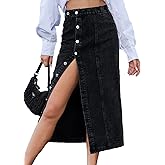 Nihsatin Women's Button Front Split Denim Midi Skirt High Waist Slim Fit Pencil Skirt
