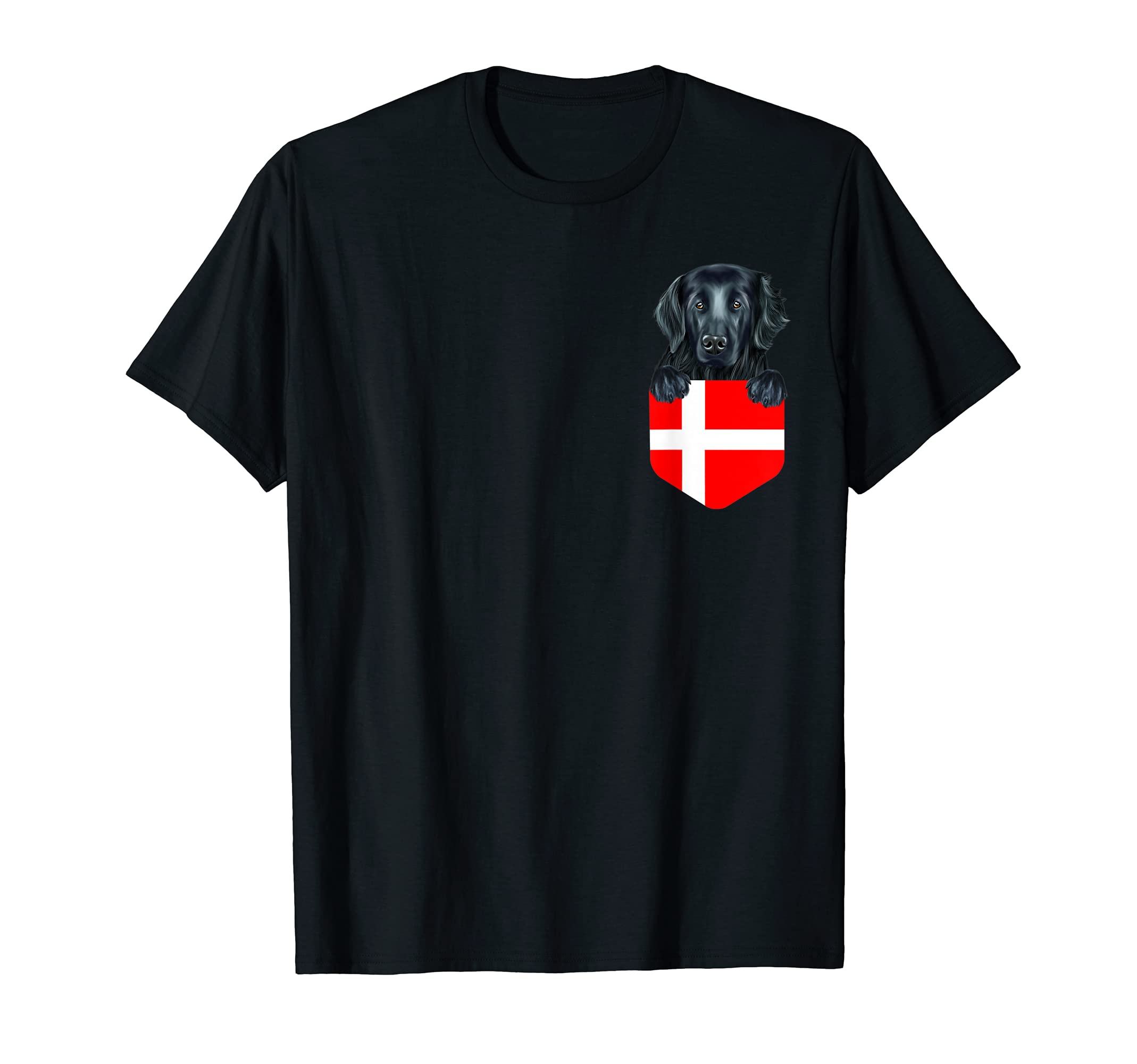 Denmark Flag Flat-Coated Retriever Dog In Pocket T-Shirt