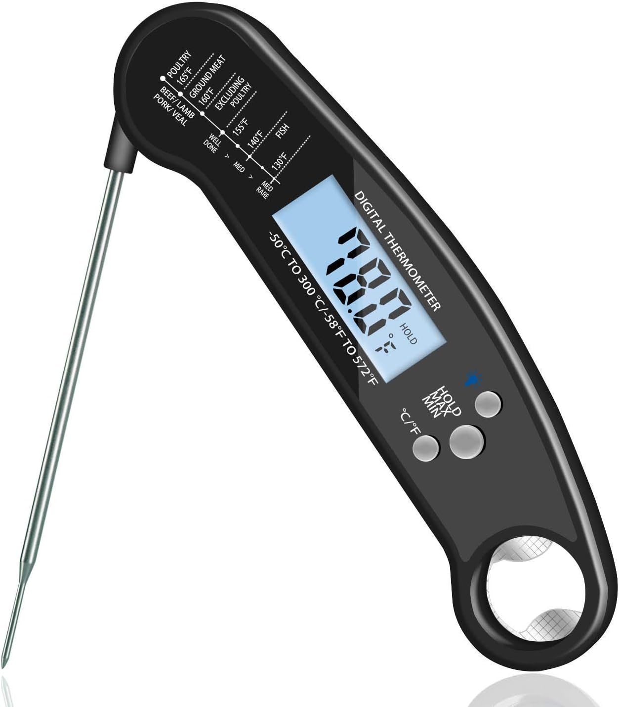 Instant Read Meat Thermometer, Waterproof Ultra Fast Digital Food Cooking Thermometer, Backlight & Calibration for Kitchen BBQ Grill Smoker（black)
