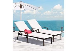 Tangkula Set of 2 Patio Furniture Outdoor Rattan Wicker Lounge Chair Set Adjustable Poolside Chaise with Armrest and Removable Cushions