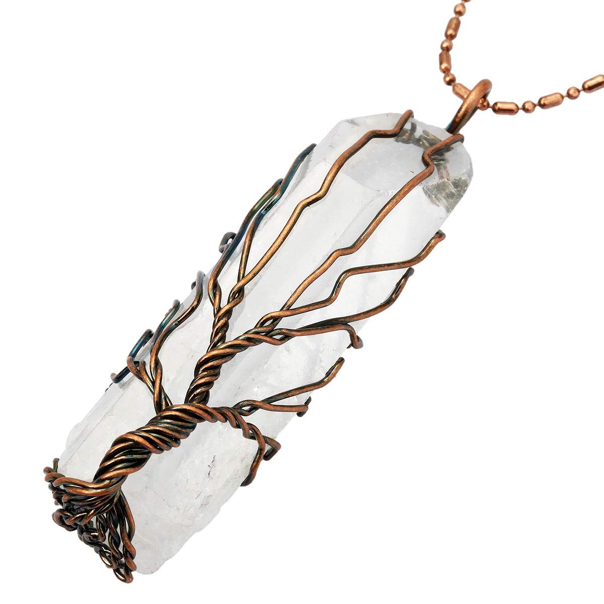 mookaitedecor Natural Healing Crystal Clear Quartz Tree of Life Crystal Point Necklace Men Women, Vintage Boho Wire Wrapped Pendant Semi Precious Stone Reiki White Raw Crystal Necklace Jewellery Gift