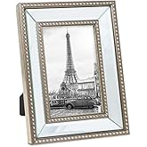 Isaac Jacobs 4x6 Champagne Mirror Bead Picture Frame - Classic Mirrored Frame with Dotted Border Made for Wall Display, Tabletop, Photo Gallery and Wall Art (4x6, Champagne)
