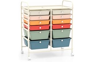 DREAMADE Rolling Cart with Storage Drawers, Utility Cart with Removable Plastic Drawers, Lockable Wheels, Art Cart for Classroom Organization Art Supplies Office Scrapbook (12 Drawers, Macaron)
