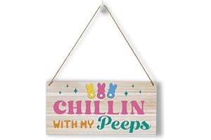 HTBIG Rustic Chillin with My Peeps Decor Wood Wall Art Wall Hanging Decor Easter Bunny Decorations Easter Gift Wooden Decorative Plaque Sign for Home Farmhouse Easter Rabbit Sign