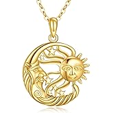 KECHO 14K Solid Gold Sun Moon Star Necklace Couple Pendant 14K Real Gold Jewelry Anniversary Birthday Gifts for Women