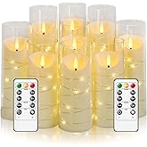 Eebuss Flameless Candles with Embedded Star String, Battery Operated LED Pillar Candles with Timer and Remote Control,Home Decorating for Ambiance, Set of 9 (Ivory)