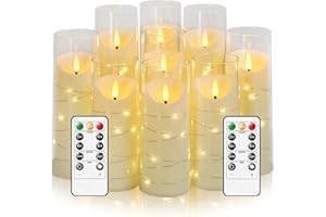 Eebuss Flameless Candles with Embedded Star String, Battery Operated LED Pillar Candles with Timer and Remote Control,Home Decorating for Ambiance， Set of 9 (Ivory)