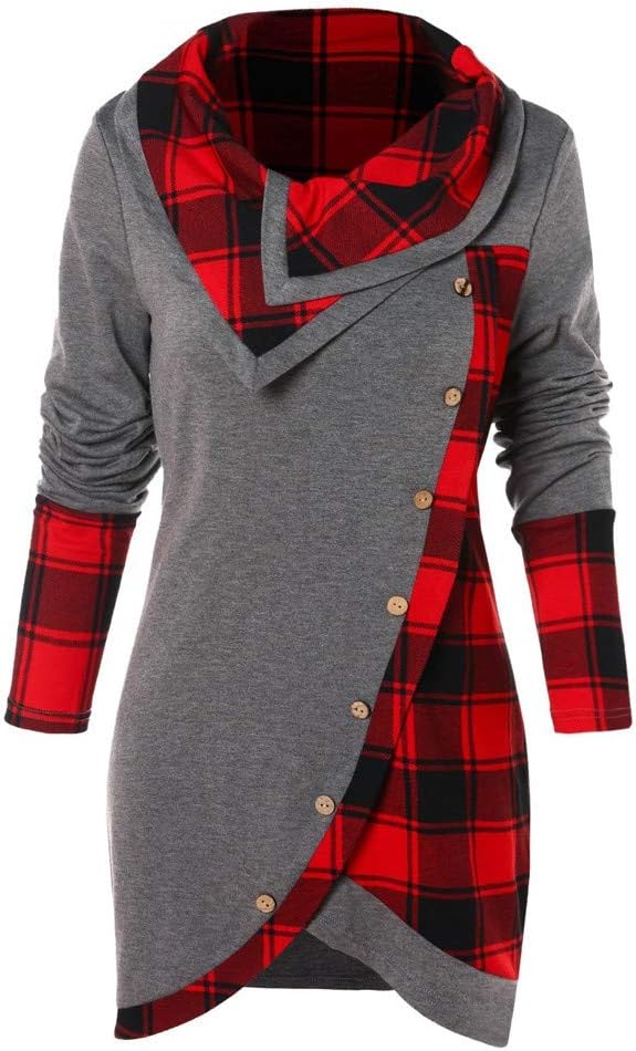 IEason Women top Blouse Women Long Sleeve Plaid Turtleneck Tartan Tunic Sweatshirt Pullover Tops