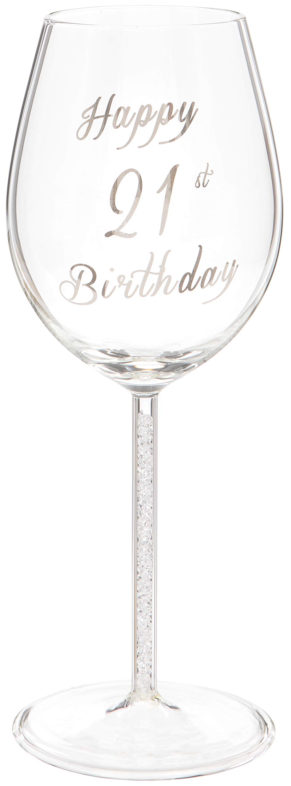 Maturi Happy 21st Birthday Wine Glass with Silver Diamond Stem - 400ml / 13.5 Fluid Ounces