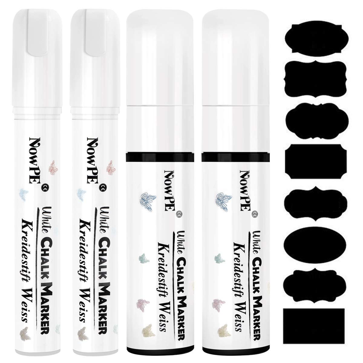 NowPE White Chalk Marker Pen, 2pcs 10mm Chalk Pens + 2pcs 15mm Chalk Markers, Dry or Wet Wipe Erase, 10mm Thick Tip and 15mm Large Tip for Chalkbaord, Blackboard, Window, Glass, Packed with 16 Labels