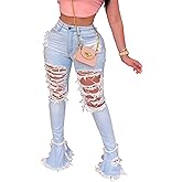 BestGirl Women's Bell Bottom Jeans Destoryed Ripped Flare Jeans Elastic Waist Raw Hem Denim Pants