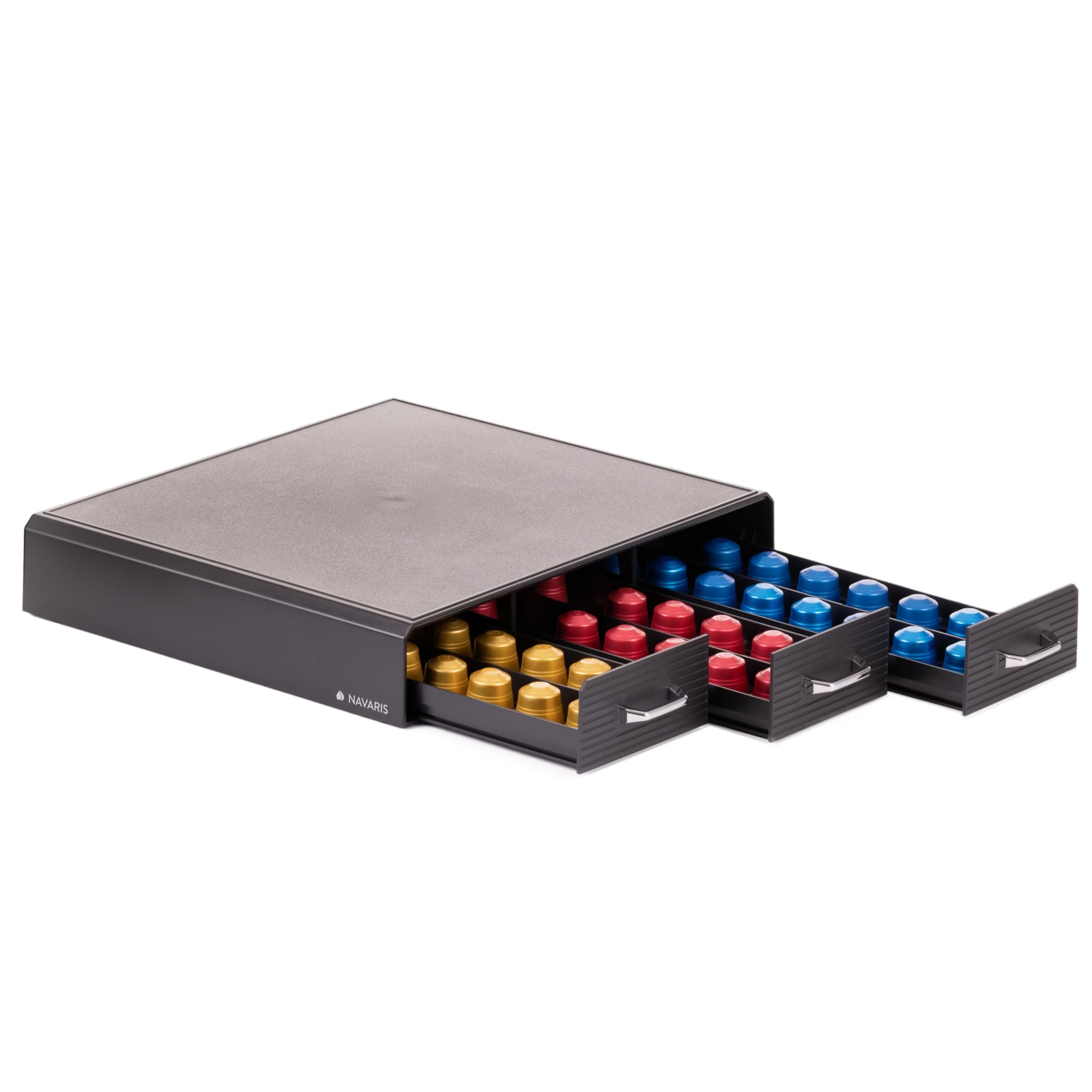 Navaris Coffee Pod Holder - Modern Capsule Pod Tray with 3 Drawers - Holders for 48 Capsules - Compatible with Most Standard Sizes of Pods - Black