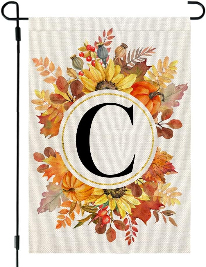 Flags - CROWNED BEAUTY Fall Monogram Letter C Garden Flag Sunflower Pumpkin Leaves 12x18 Inch Double Sided Outside Small Burlap Family Last Name Initial Yard Decoration CF982-12