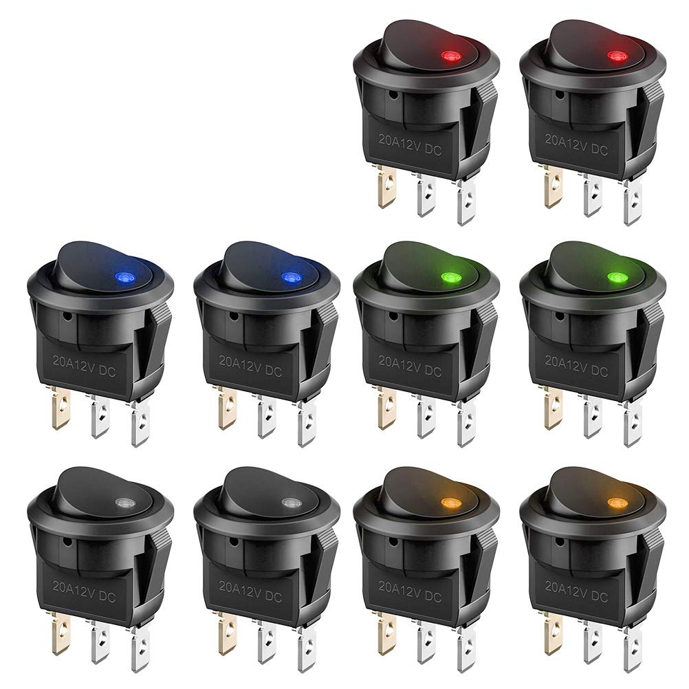 BUYGOO 10PCS Car Switch 12V with LED Light, Mini Toggle Switch On/Off DC 12V 20A Press Button Round Rocker Switch for Car, Boat, Homehold Application