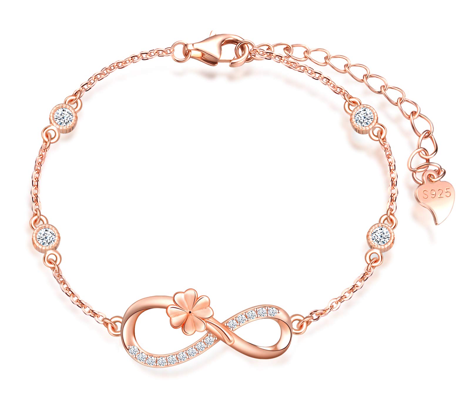 MicLee Woman's Girl's Bracelet, 925 Sterling Silver, Rose Gold, Adjustable Chain, Unique Design, Lucky Clover & Infinity Symbol, Inlaid with Zircon