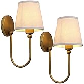 Pathson Antique Linen Fabric Wall Sconces Set of 2, Hardwired Curved Arm Bathroom Vanity Light, Indoor Wall Decor Lamp for Li