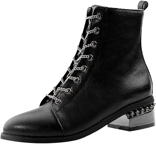 Amazon Kaizi Karzi レースアップ アンクルブーツ レディース 大きいサイズ ショートブーツ 太ヒール 冬ブーツ ジッパー 33as Black ブーツ ブーティ