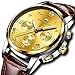 Mens Watches Men Luxury Chronograph Waterproof Sport Date Business Analogue Brown Leather Wrist Watch (Gold)