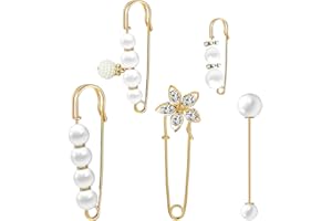 YUNTOP 5 Pieces Pearl Brooch Safety Pins for Clothes Safety Pin for Women Fashion Sweater Shawl Collar Dresses Cardigan Clips Faux Crystal Pearl Brooches Set for Girls Jewelry Decoration Accessories (Gold)