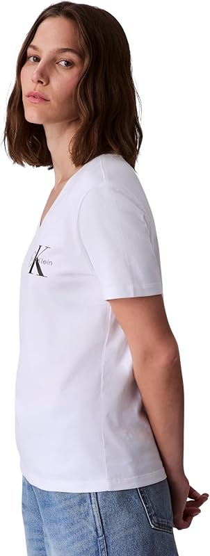 T-Shirts Manches Courtes Lot de 2 Femme Logo Tee avec Col en V, Blanc (Brilliant White), XXS — photo 3 sur 4