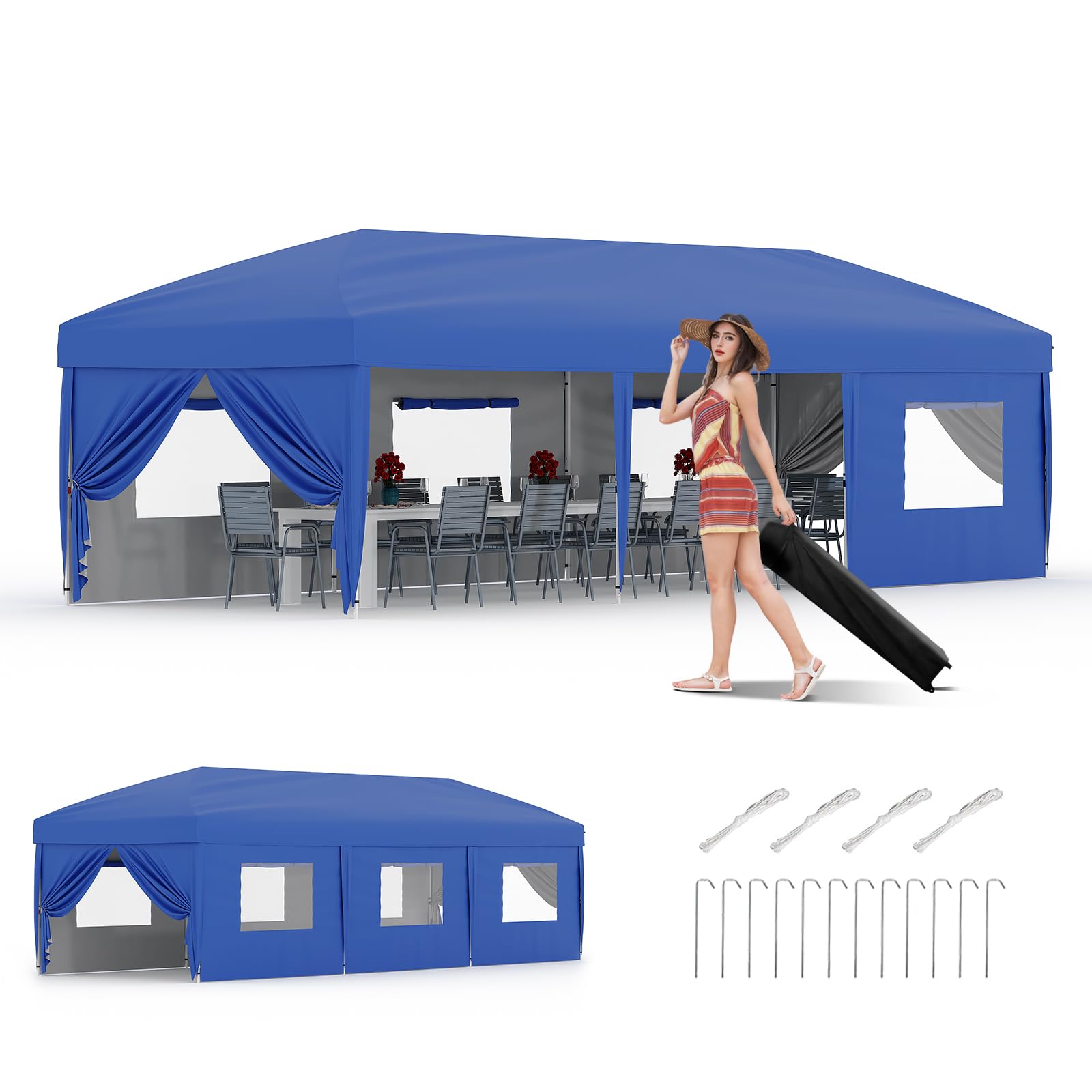 Photo 1 of *parts broken*10x30 Pop Up Canopy - Heavy Duty Outdoor Canopy Tent with Portable Roller Bag - 3 Adjustable Height, 4 Weight Bags, 8 Stakes & 6 Guy Ropes Included, White