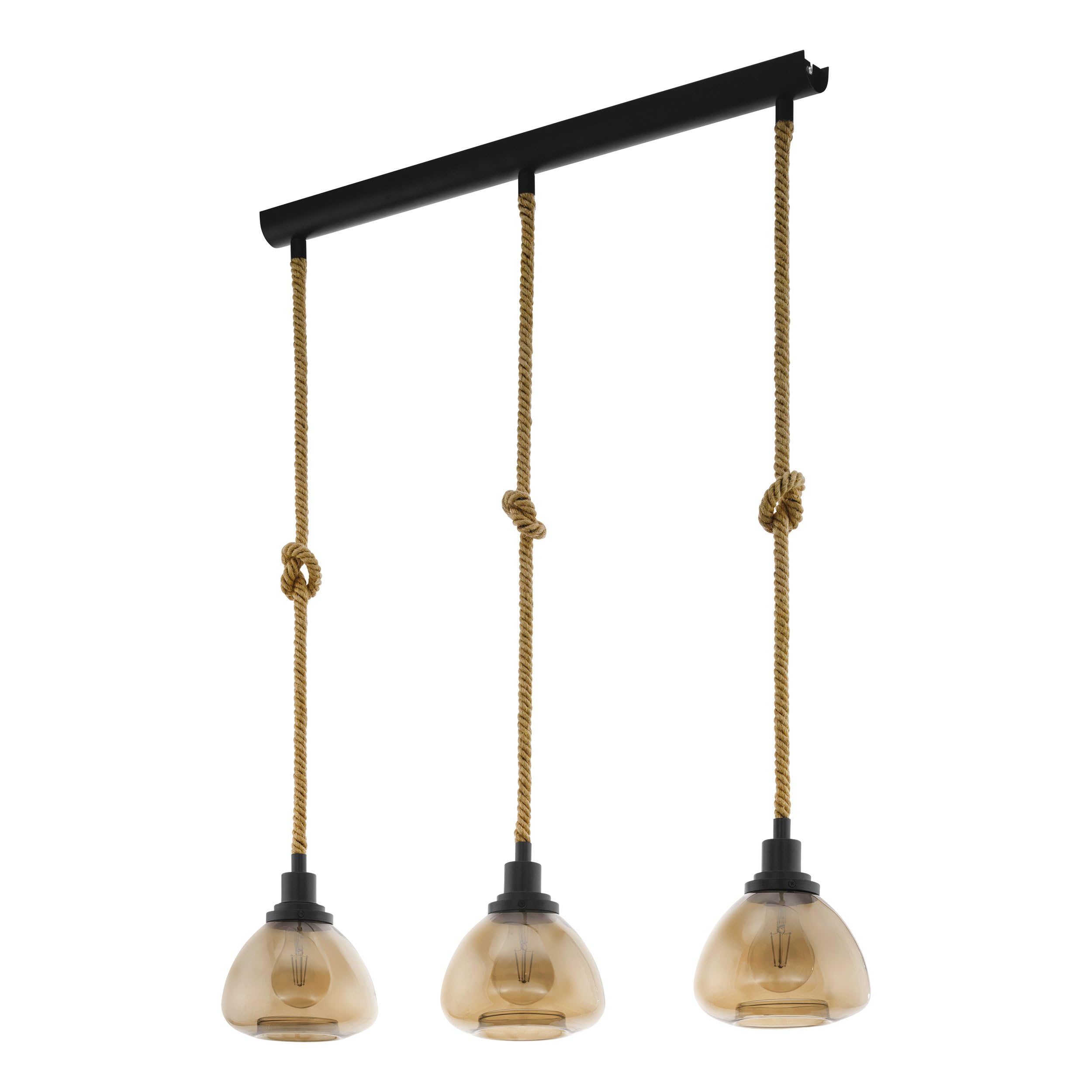 Eglo Pendant Lamp Rampside, 3-Light Vintage Pendant in Industrial Style, Hanging Lamp Made of Steel, Colour: Black, Brown, Glass: Amber, Smoked, Socket: E27