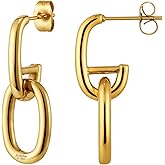 14K Gold Dangle Drop Earrings, Geometric U Shaped Small Earrings Link Chain, Hypoallergenic Comfort for Women Clipon Hoop Earrings Jewelry