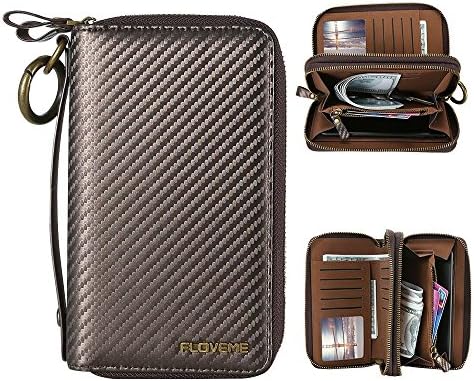 AIOMAO Double Zipper PU Leather Large Capacity Wallet Case 10 ID Credit Card Slots Holder 3 Cash Bill Storages + Coin Purse Handbag -Brown (carbon fiber)