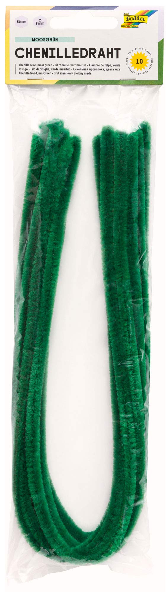 folia 77853 Chenille Wire Pipe Cleaners, Pack of 10 in Moss Green, Diameter 8 mm and 50 cm Long, Ideal for Children for Crafts and Design Animals, Figures and Other Shapes