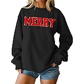 IZYJOY Christmas Women's Merry Graphic Sweatshirt Chenille Patch Letter Printed Crewneck Xmas Gifts Oversized Pullover Top