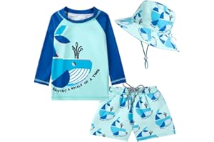 CuteCotton Toddlers Baby Boys' 3-Piece Rashguard Sets Bathing Suit Swimsuits with Hat Surfing Swimwear UPF 50+