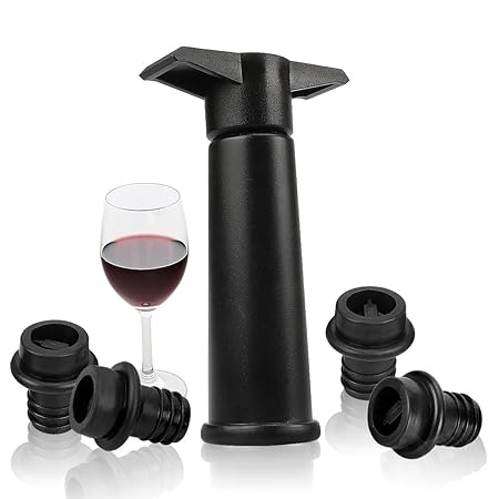 yobansa Wine Saver mit 4 Vakuum Weinflaschenverschluss, Vakuum Wine Stopper, Wein Preserver Vakuum Pumpe, Black Plastic 02