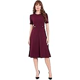 London Times Womens Short Sleeve Crepe Fit and Flare Midi with Waist Button Detail