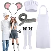 5 Pcs Couple Mouse Costume Accessories for Man and Woman with Adjustable Apron Chef Hat Mouse Headband Tail and Bow Socks for Women Men Halloween Cosplay Party