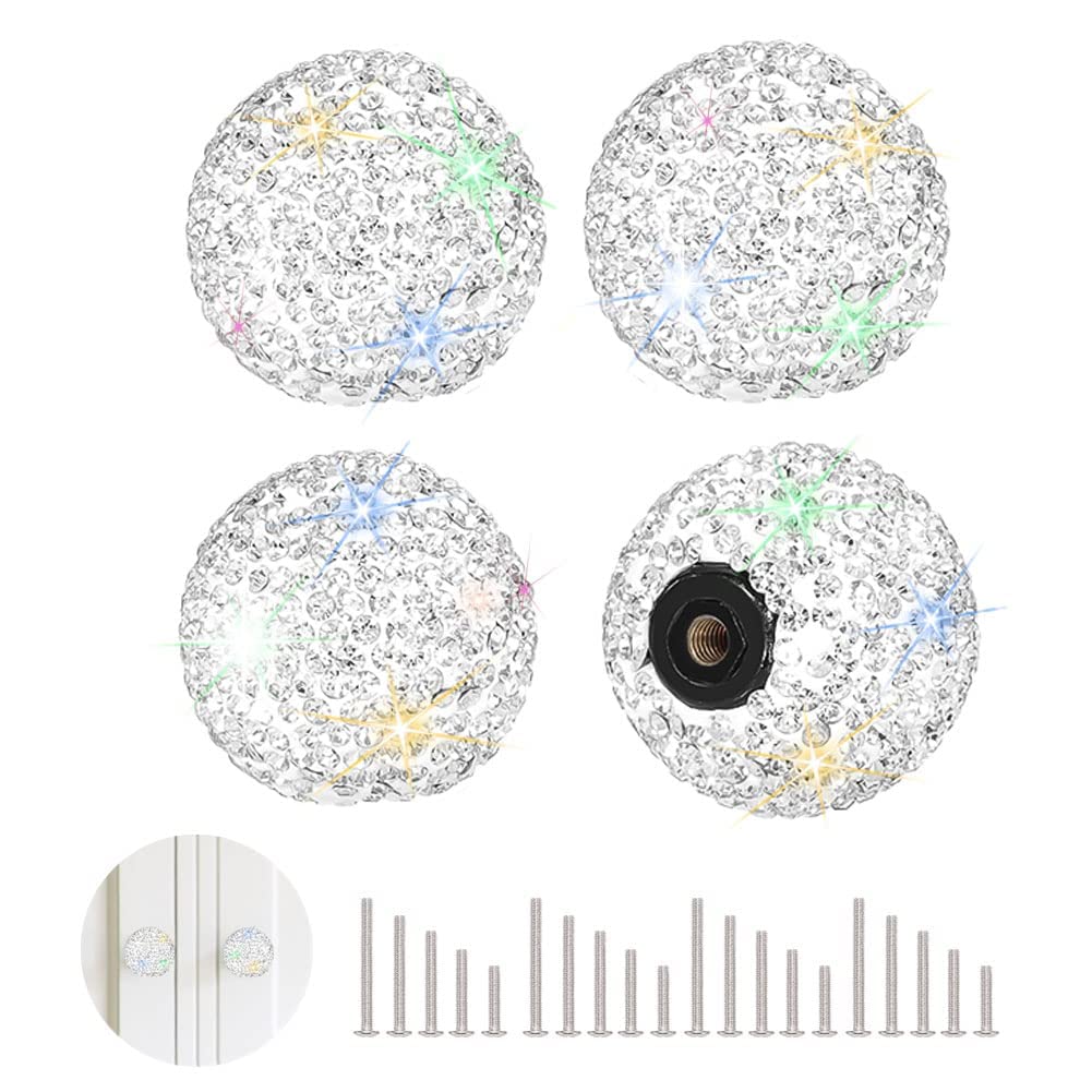 SAVORI Crystal Knobs Rhinestone Bling Cabinet Door Drawer Knob Kitchen Dresser Wardrobe Pull Handles with Screws for Home Kitchen Office Decoration 4PCS (White)