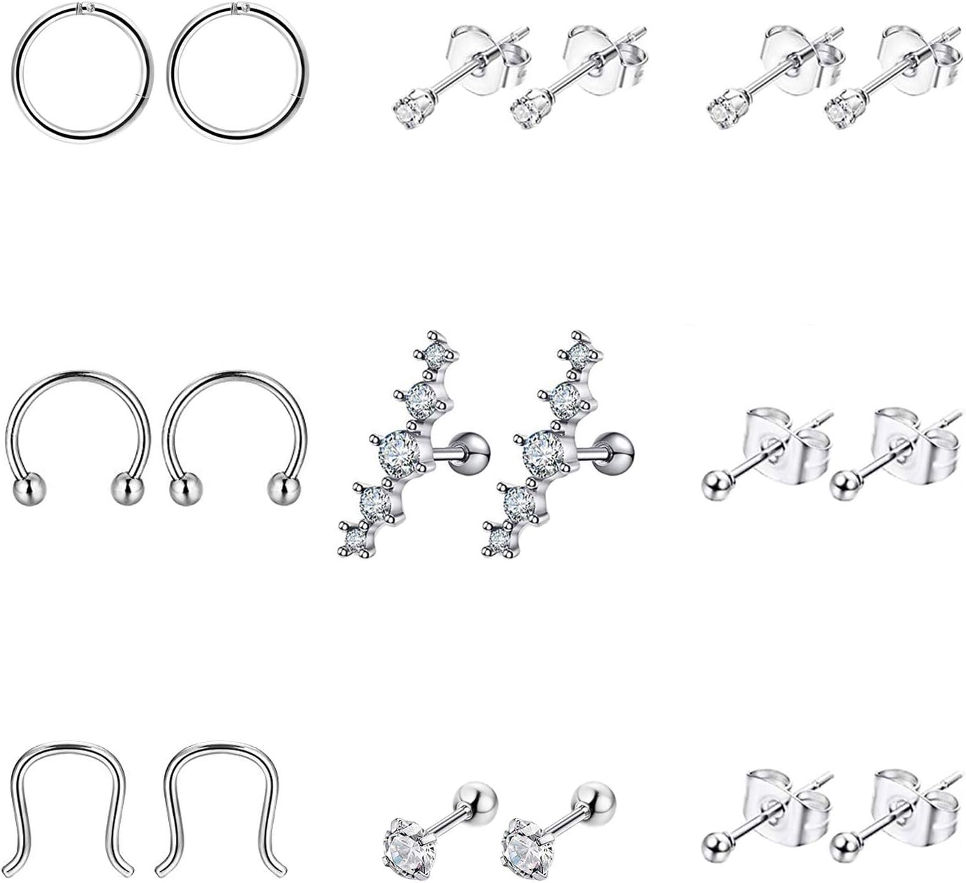 18 PCS Stainless Steel Cartilage Tragus Earrings for Women Girls Tiny Stud Earrings Hoop Septum Helix Ear Piercing Jewlry