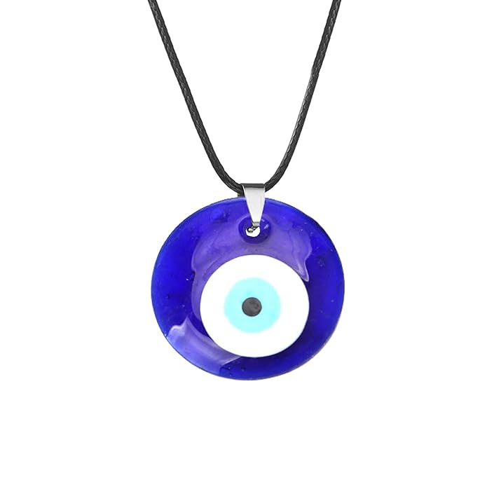 Big Blue Evil Eye Necklace and Earrings Glass Leather Rope Chain