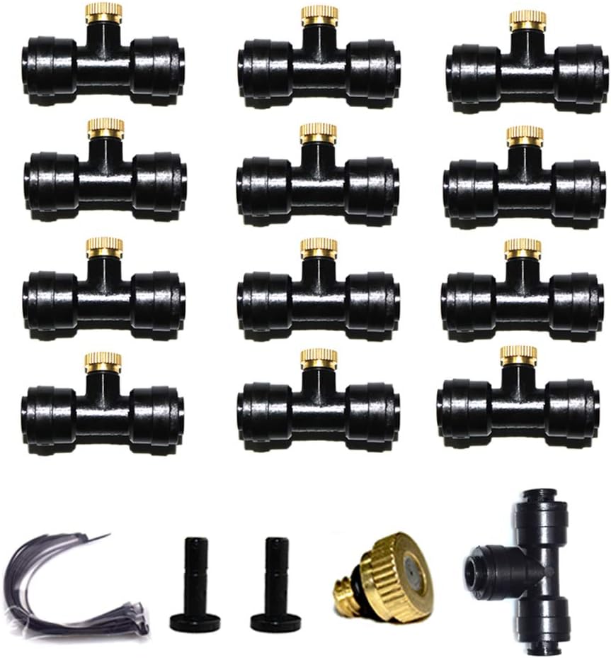 Redaiyuling Brass Mister Nozzle,Misting Nozzles Kit Nozzle with 13 Nozzle+12 Direct connecter+1 tee connecter+2 Plug+10 Cable Ties