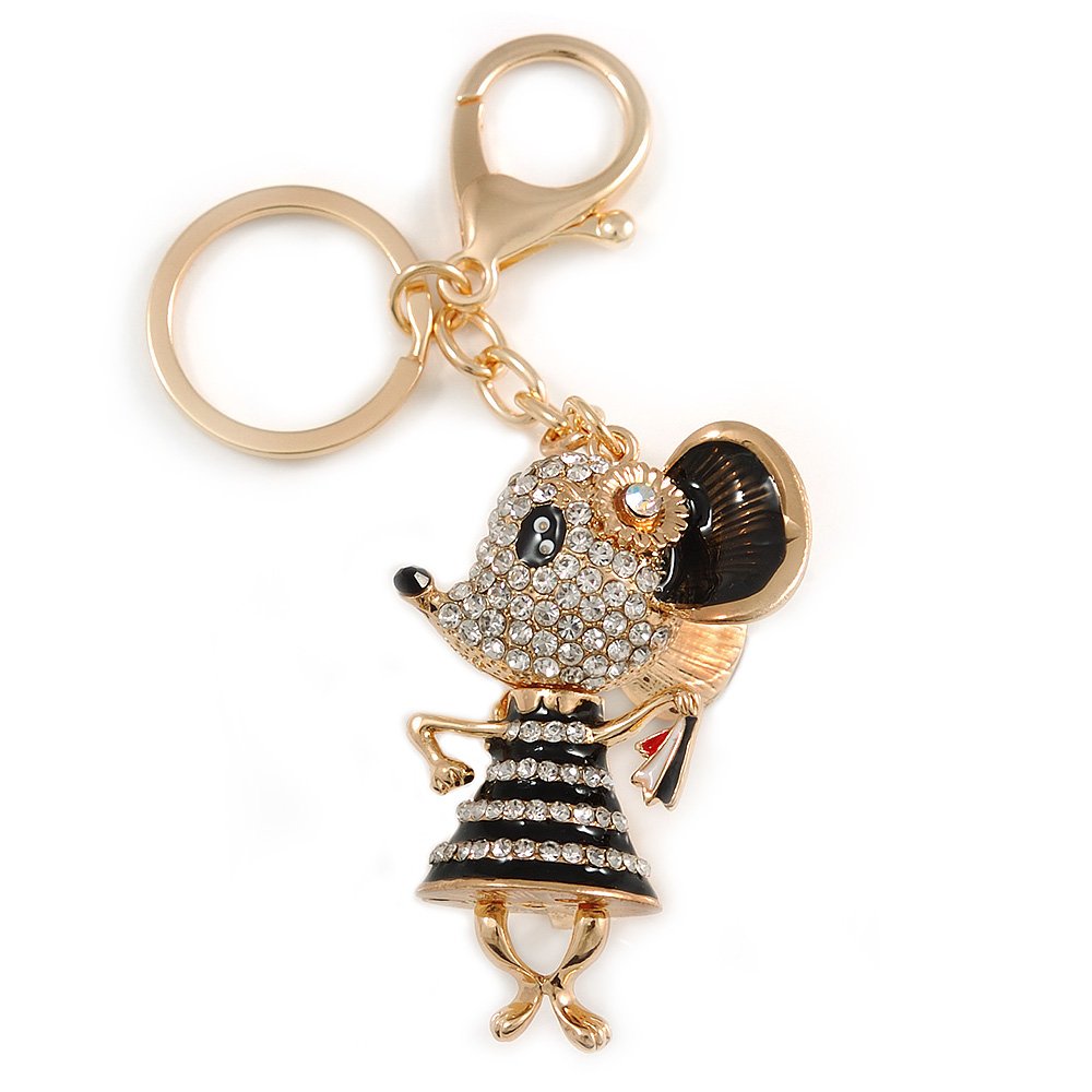 Avalaya Clear Crystal, Black Enamel Dancing Mouse Keyring/Bag Charm In Gold Tone Metal - 10cm L