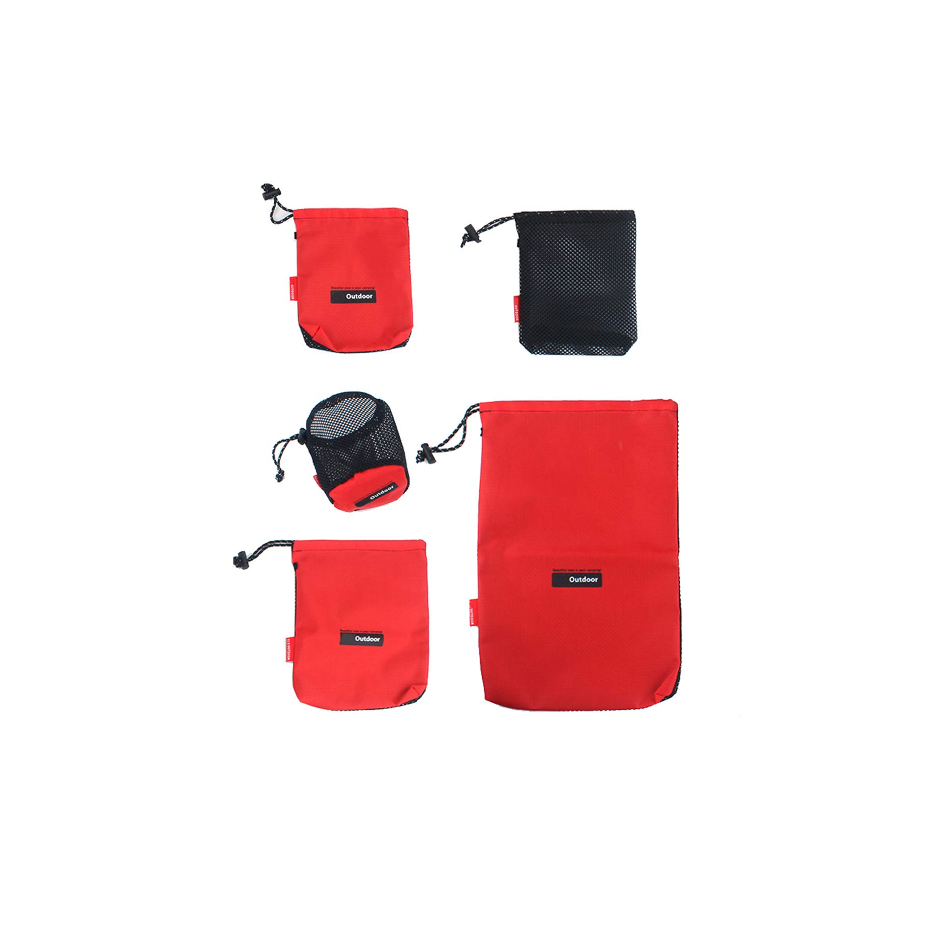 Nylon 5-Piece Drawstring Pouch Set - Mesh Stuff Sacks, Ditty Bags & Cord Bags for Camping, Travel & Storage (Red)