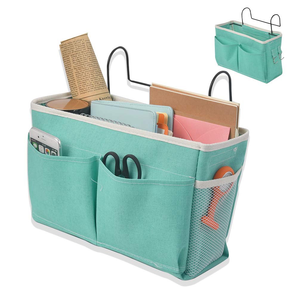 NA Bed Bag Bed Pockets with Iron Hanging Hook Bedside Hanging Storage Organiser, Bedside Hanging Storage Bed Pockets Baskets, Bed Organiser Caddy Desktop Storage Rack for Home Office School(Green)
