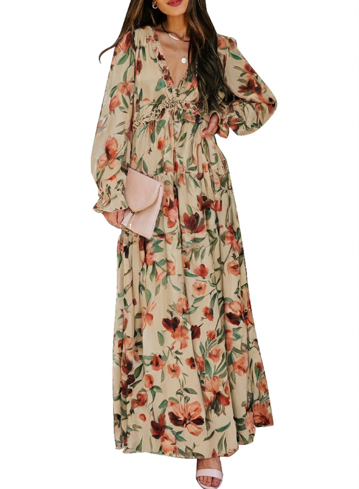 Photo 1 of (LARGE) (BAGGED) BLENCOT Women's Casual Boho Floral Printed Deep V Neck Loose Long Sleeve Long Evening Dress Ruched Cocktail Party Maxi Wedding Dress Apricot X-Large