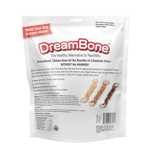 DREAMBONE SPIRALS VARIETY PACK, RAWHIDE FREE DOG CHEWS, 18 COUNT