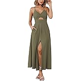 BTFBM Women 2026 Spaghetti Strap Midi Summer Dresses Sleeveless V Neck Cutout Slit Casual Beach Party Maxi Dress Pockets
