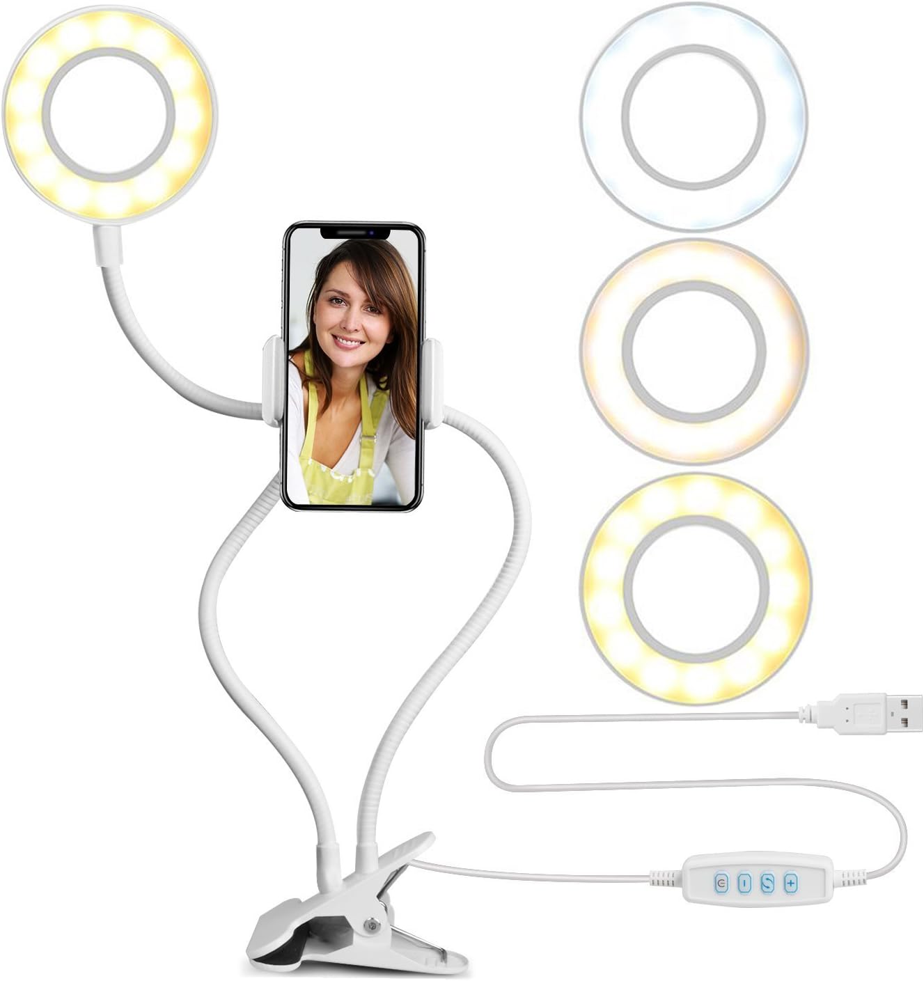 Selfie Ring Light with Cell Phone Holder Stand for Live Stream and Makeup, pudpud LED Camera Light [3-Light Mode] [10-Level Brightness] With Flexible Long Arms for iPhone, Android Phone Desk Lamp (White)