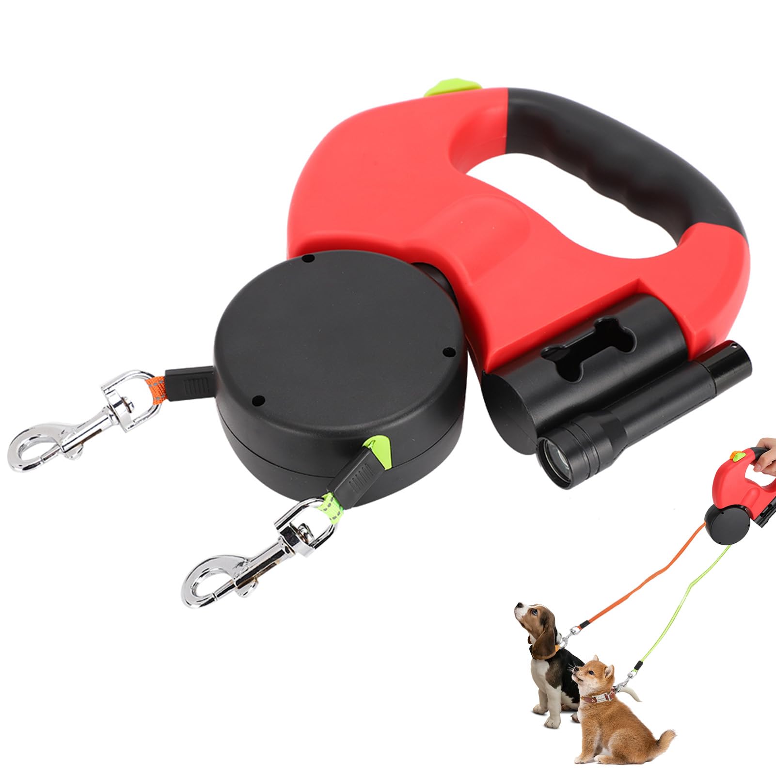 10ft Retractable Dog Leash, 2 in 1 Double Dog Lead Walking Leash Extendable Dogs Leads 360° Tangle Free with Light & Poo Bag Holder for Dogs up to 18 Lbs/8.2kg in Weight(Red)