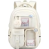 Backpack for Teen Girls, Cute Aesthetic School Backpacks with Accessories for Middle High School Students, Designer Backpack for Kids Bookbag, Beige