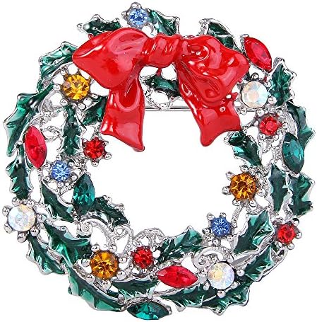 Green Flower Mistletoe Wreath Red Bowknot Brooch Colorful Crystal