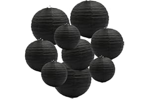 ADLKGG Round Hanging Paper Lanterns Decorations, Party Wedding Birthday Baby Showers Halloween Supplies, Black 12",10", 8", 9 Pack
